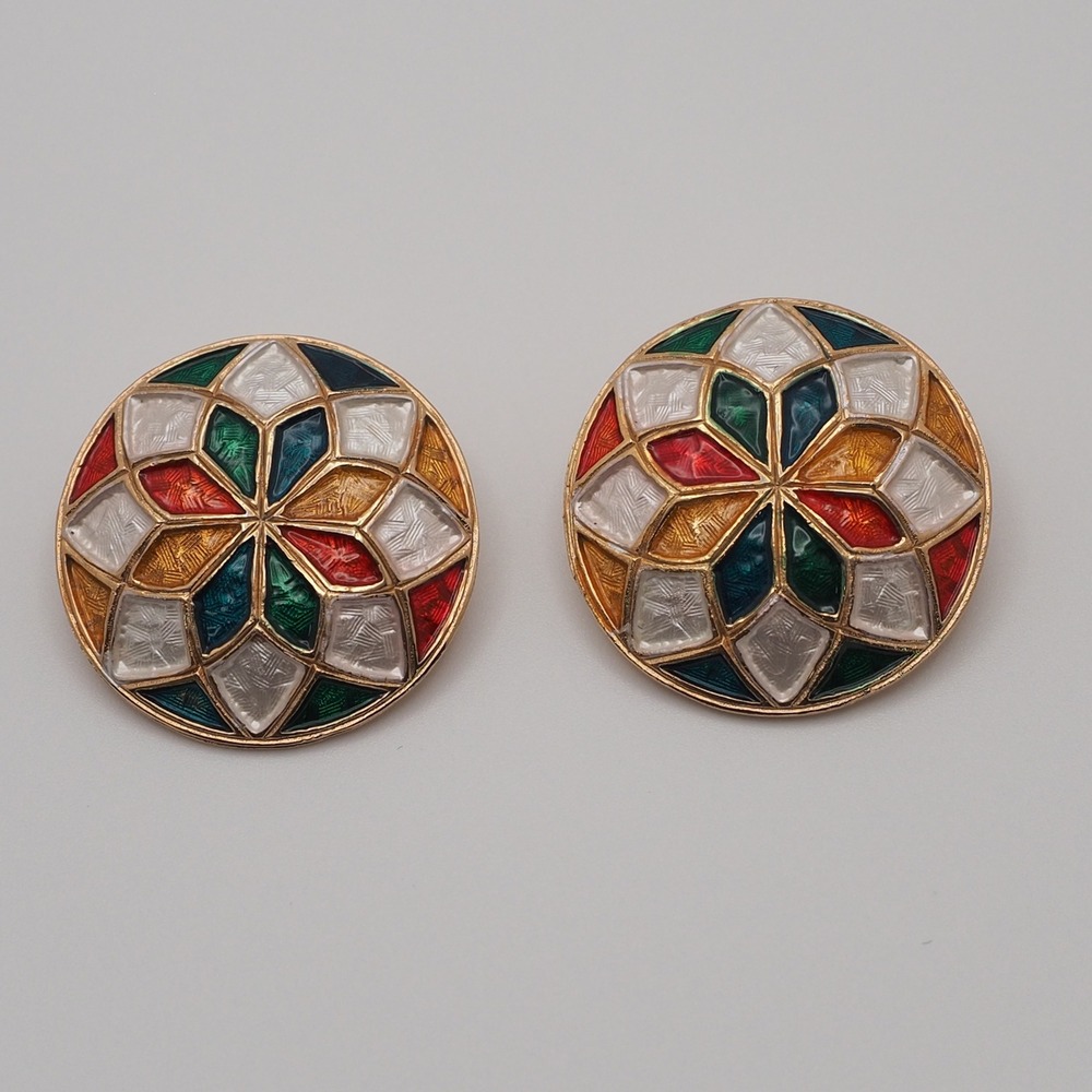 Vintage Clip Earrings Enamel Mosaic Star Floral Round Domed Button Gold Tone